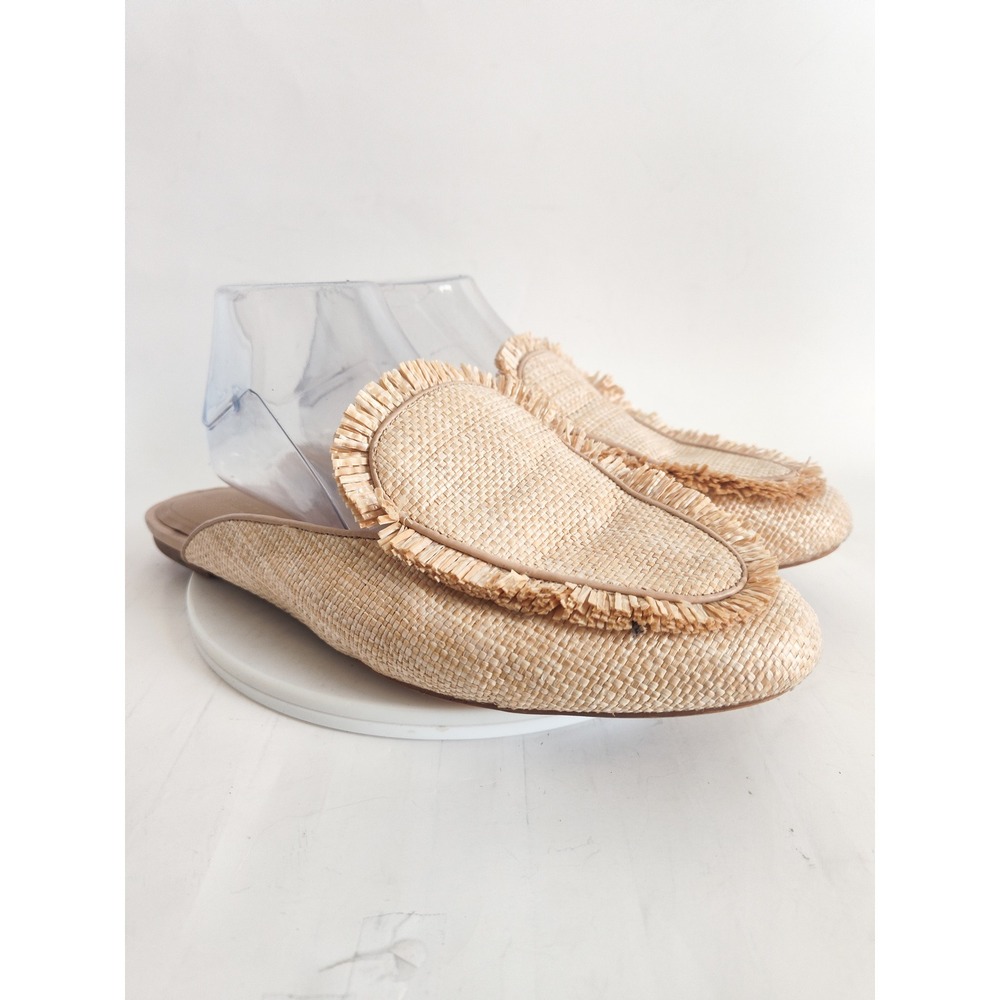 Chicos Mules Loafers Size 11 Raffia Flat Beige Fringed Woven Coastal Boho Travel